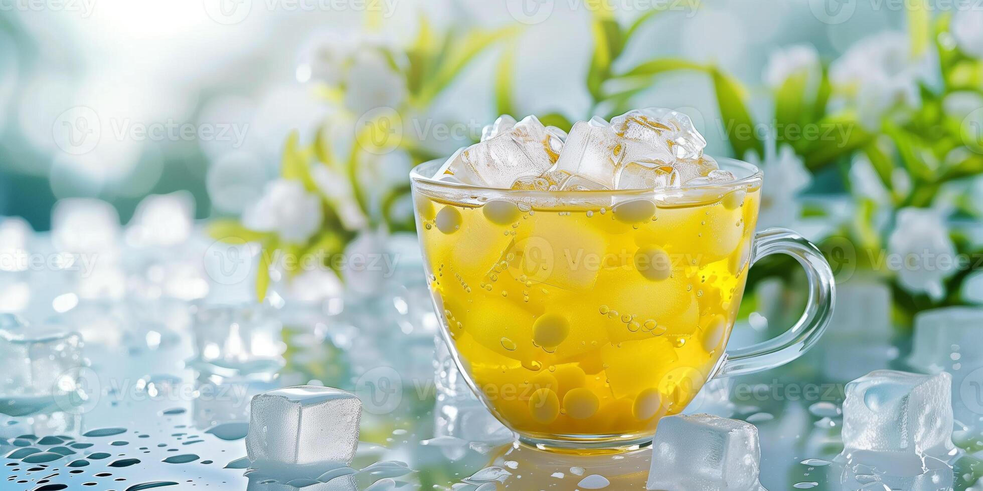 Transparent cup of yellow tea with floating white tapioca pearls and ice cubes, gastronomy photography photo