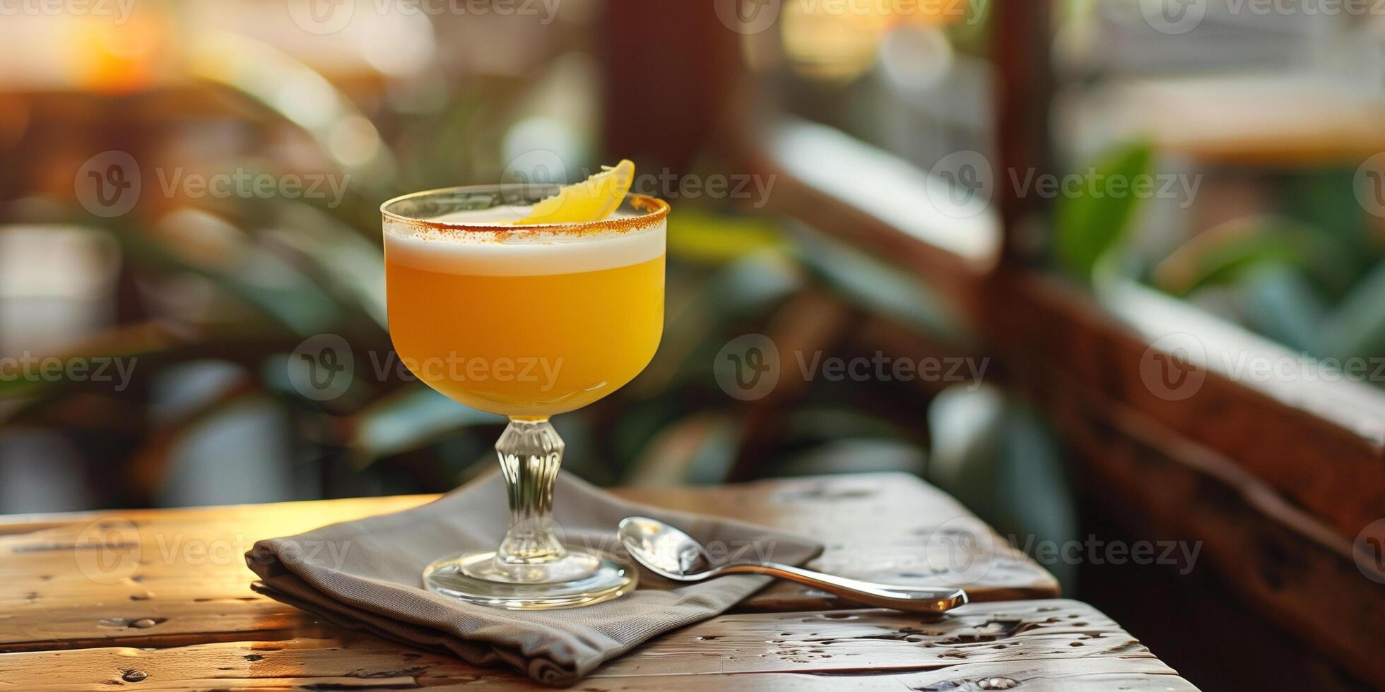 Yellow beverage in clear glass on wooden table with spoon and napkin, gastronomy photography photo