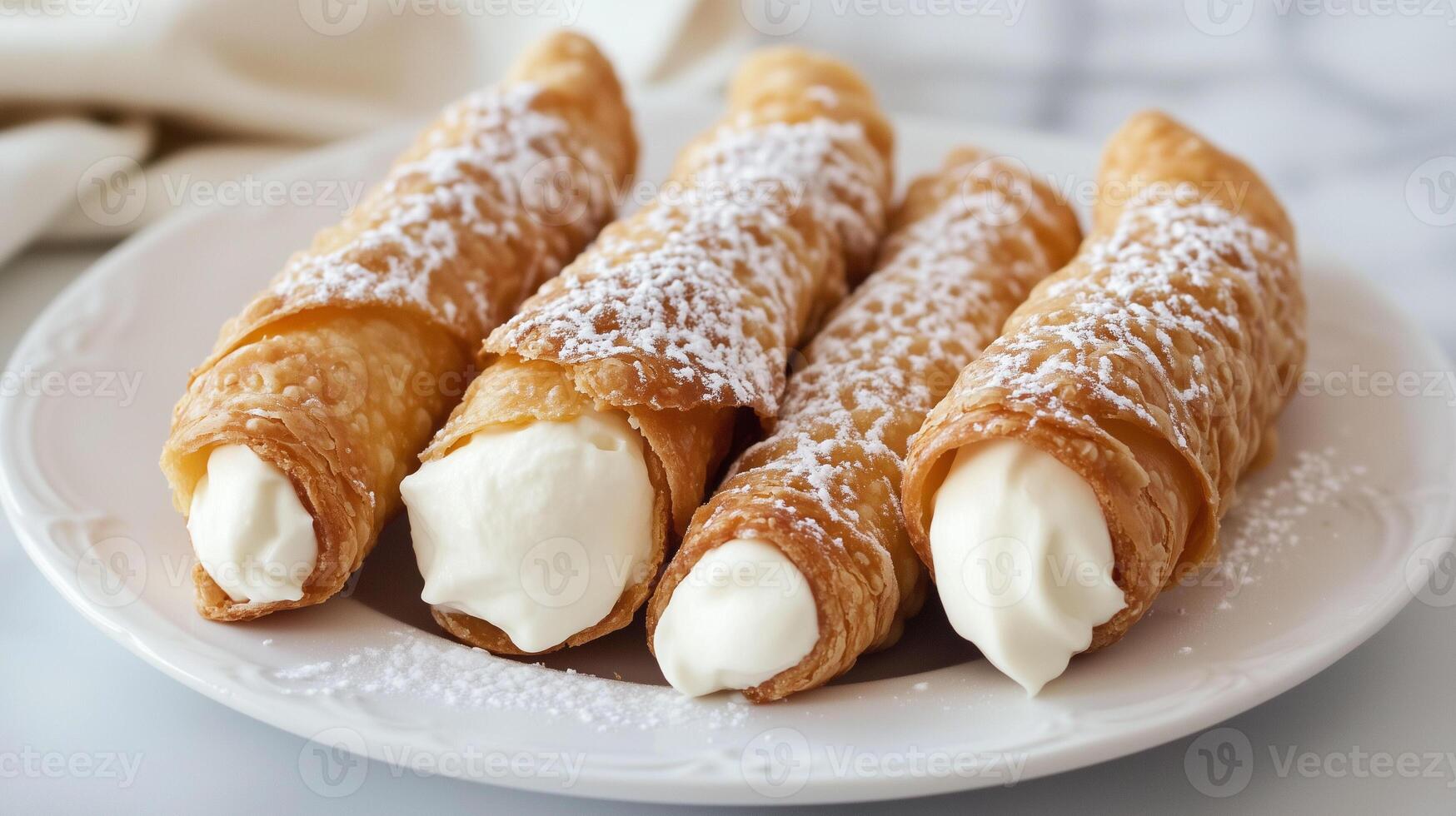 An arrangement of cannoli on a white plate, showcasing the crispy shell and smooth filling, gastronomy photography photo
