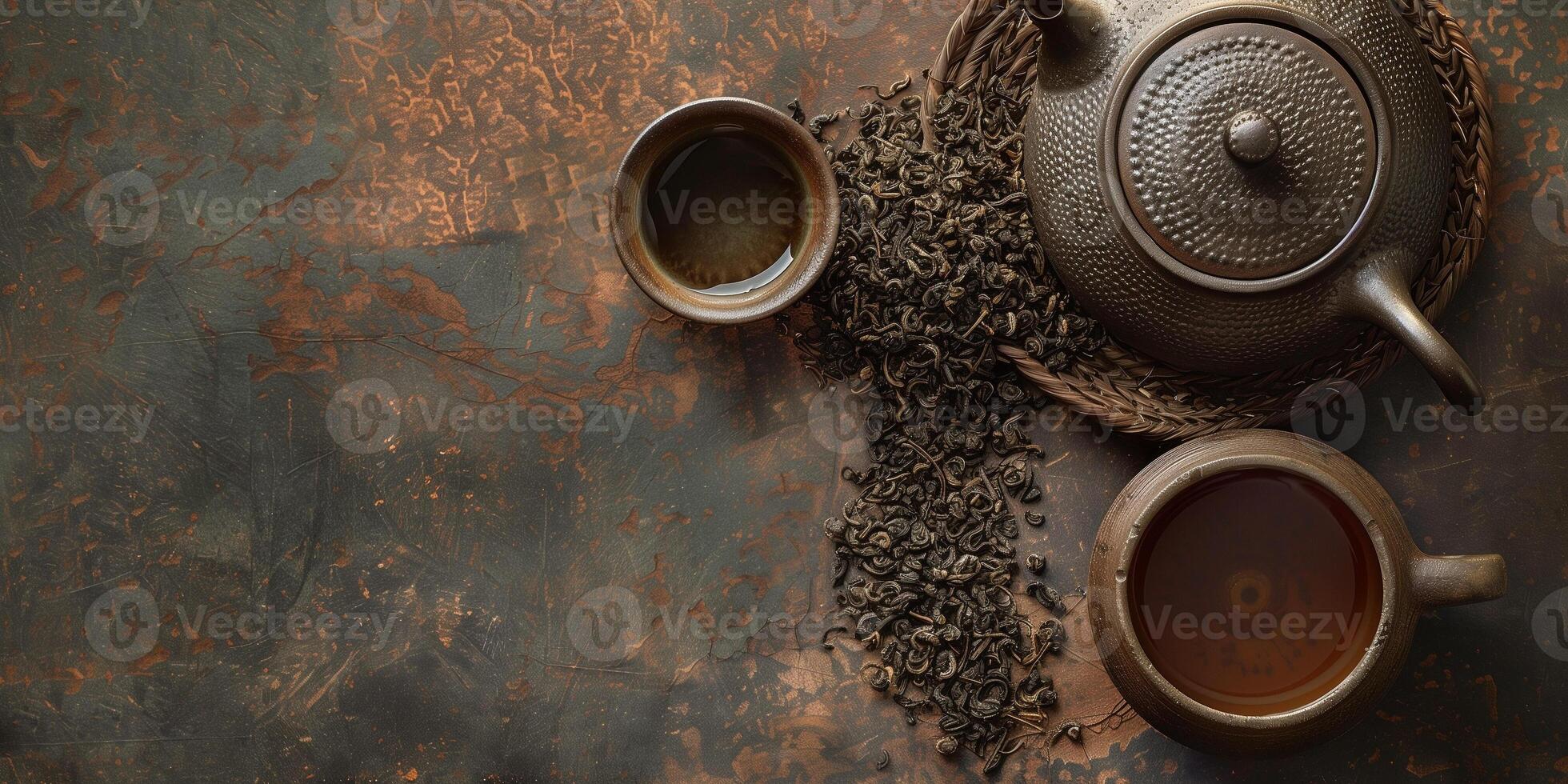 Arrangement of chai tea leaves in a small ceramic dish next to a teapot, photorealistic food photo