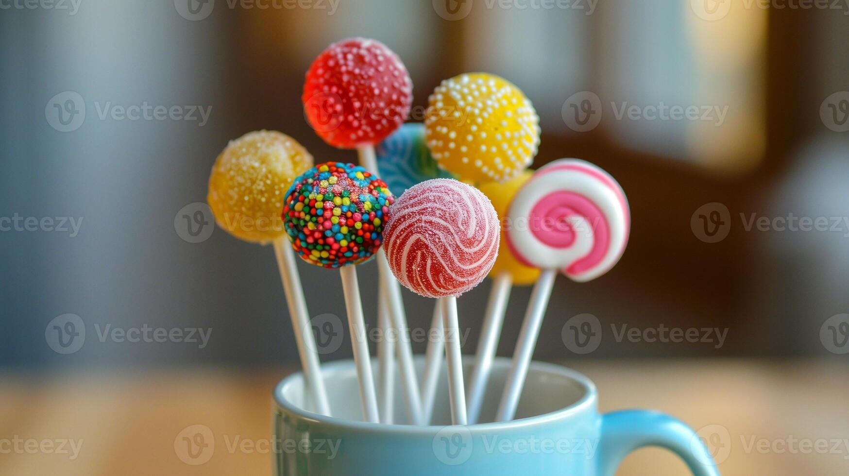 Arrangement of different colored lollipops on sticks in a ceramic mug, gastronomy photography photo