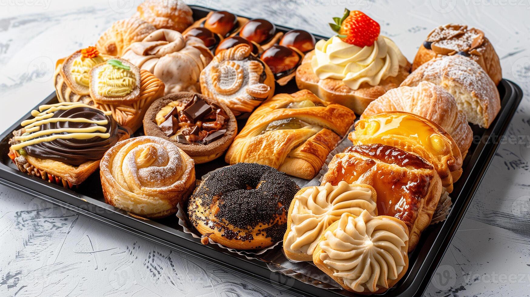 An assorted tray displaying various pastries, each with different shapes and fillings, photorealistic food photo