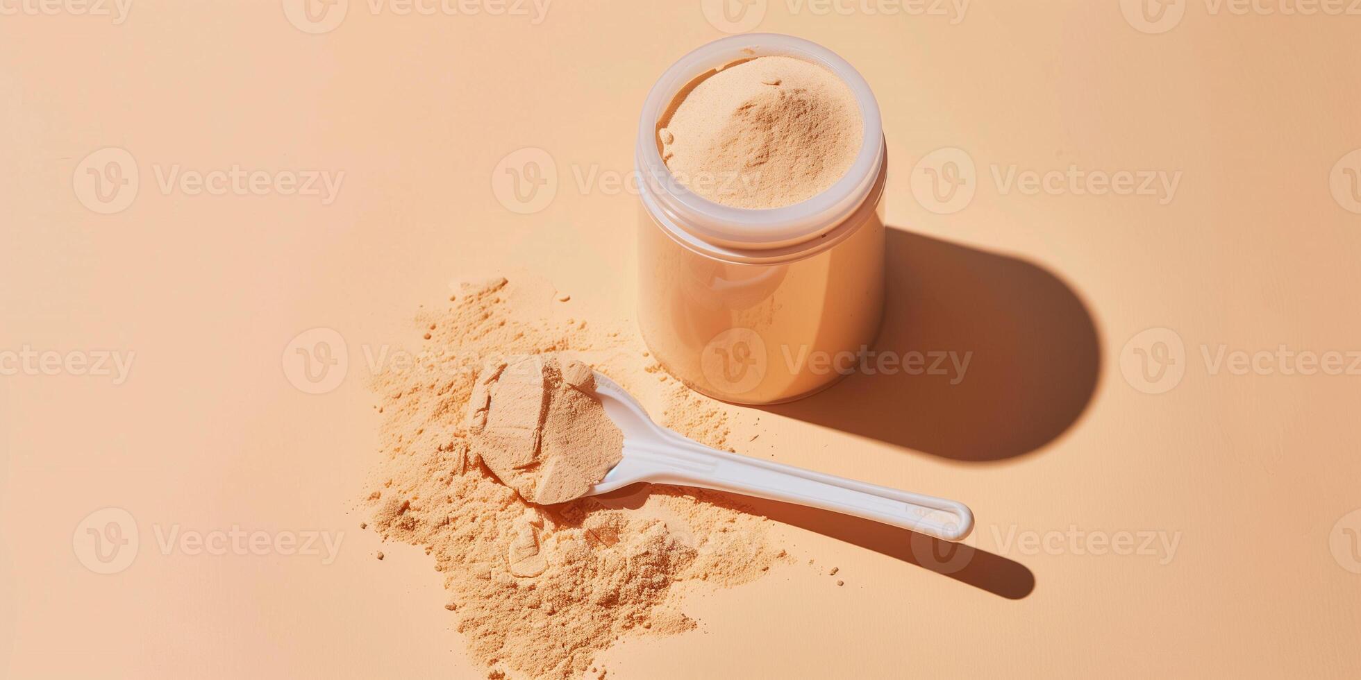 Open meal replacement powder container with a scoop full of powder placed beside it, photorealistic food photo