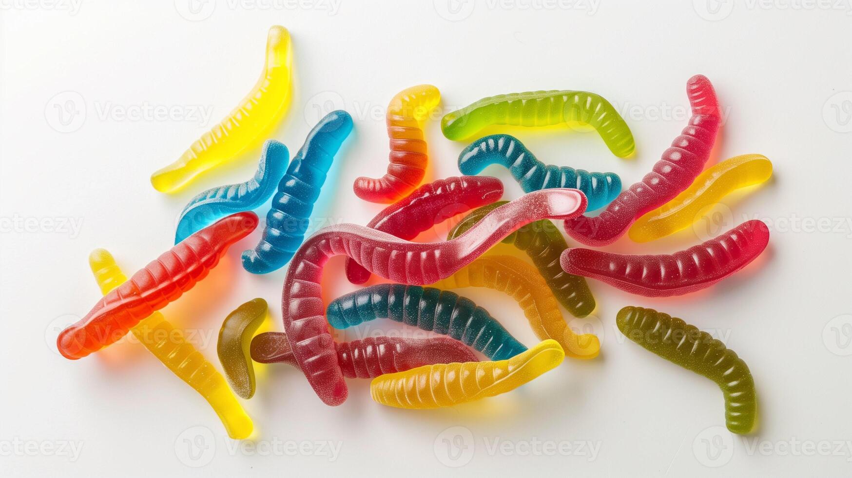 Assorted colorful gummy worms displayed randomly on a white background, photorealistic food photo