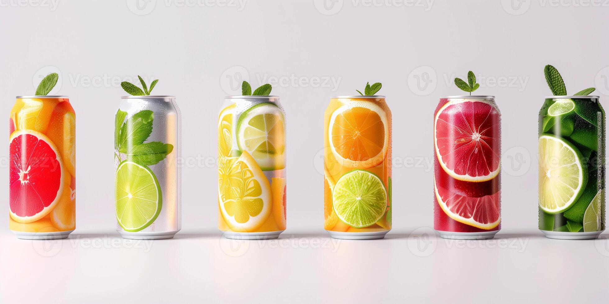 Assorted cans of healthy soda, each featuring different natural flavors and ingredient lists, photorealistic food photo