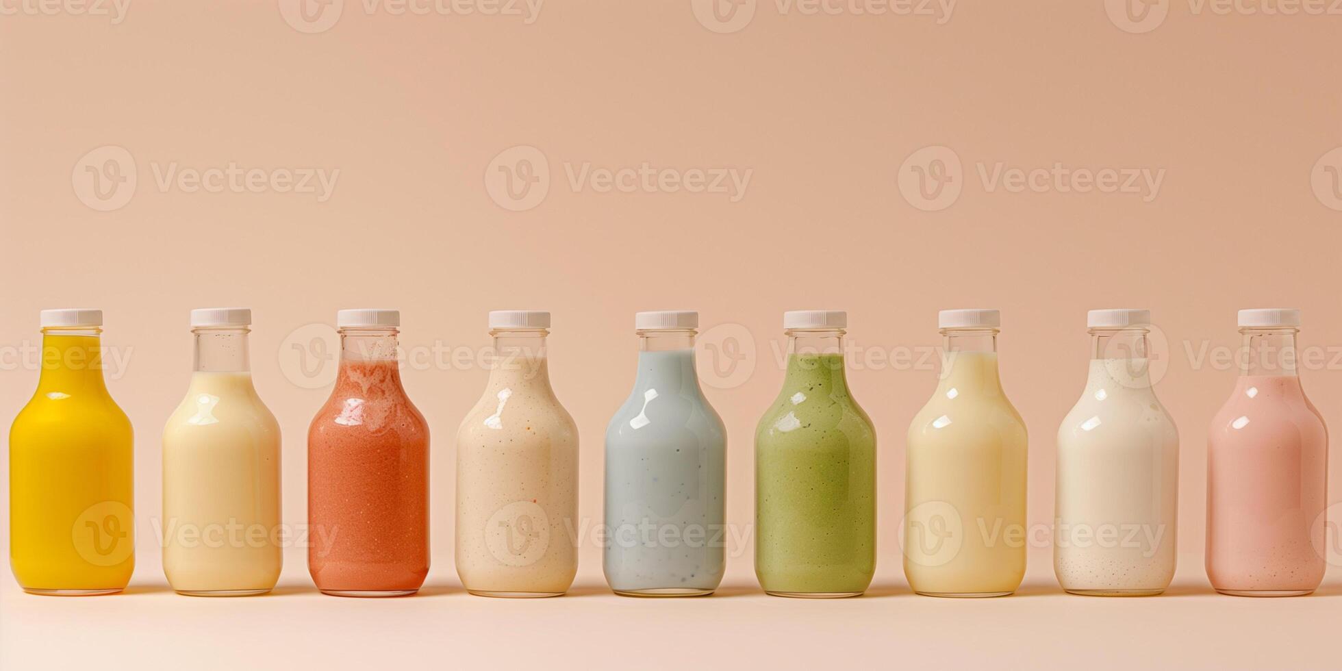 Assorted bottles of flavored milk, each featuring different flavors and clear branding, gastronomy photography photo