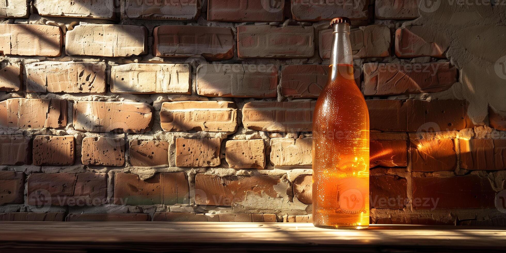 Apple cider in a clear bottle, displayed in front of a brick wall, with a soft shadow cast behind, gastronomy photography photo