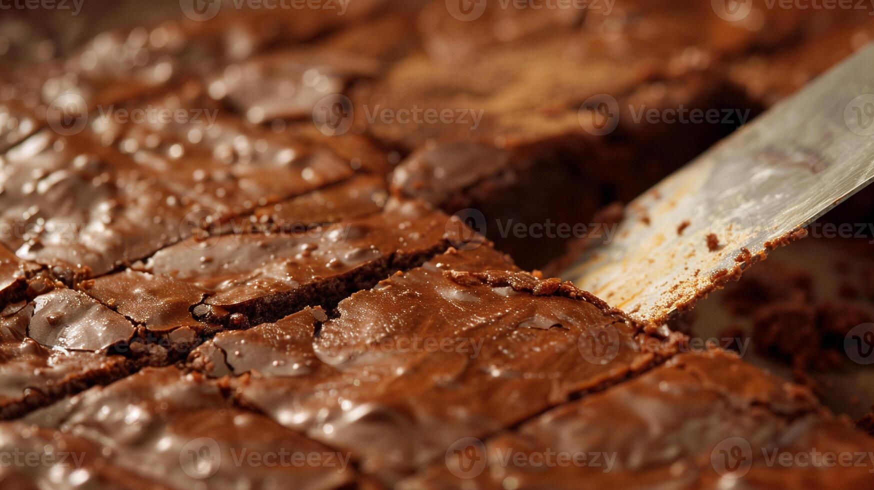Close-up of a fudge brownie being sliced, showing rich, dense interior, food setting photo