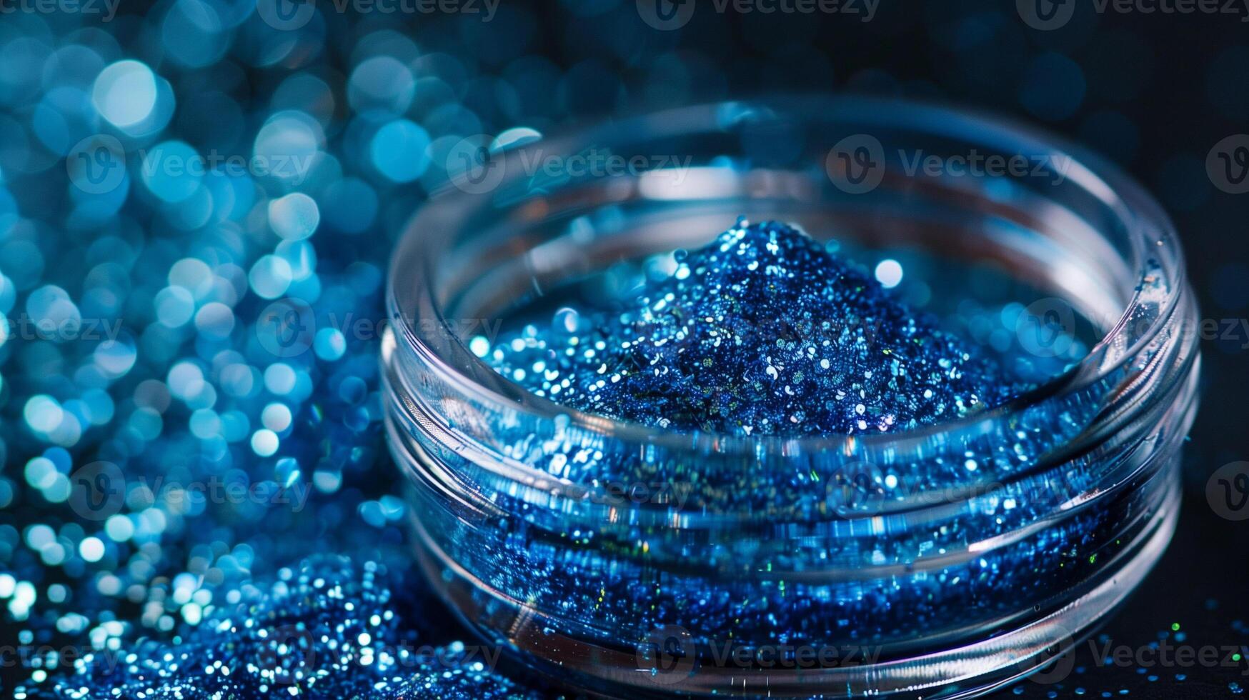 Close-up of glass container with blue edible glitter on smooth surface, meal photography photo