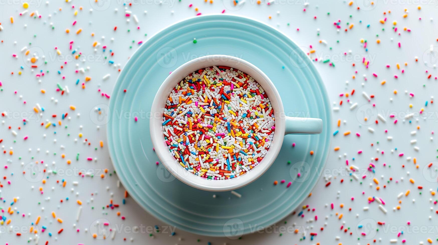 Cup filled with a vibrant array of tiny sprinkles positioned near a matching saucer, food setting photo