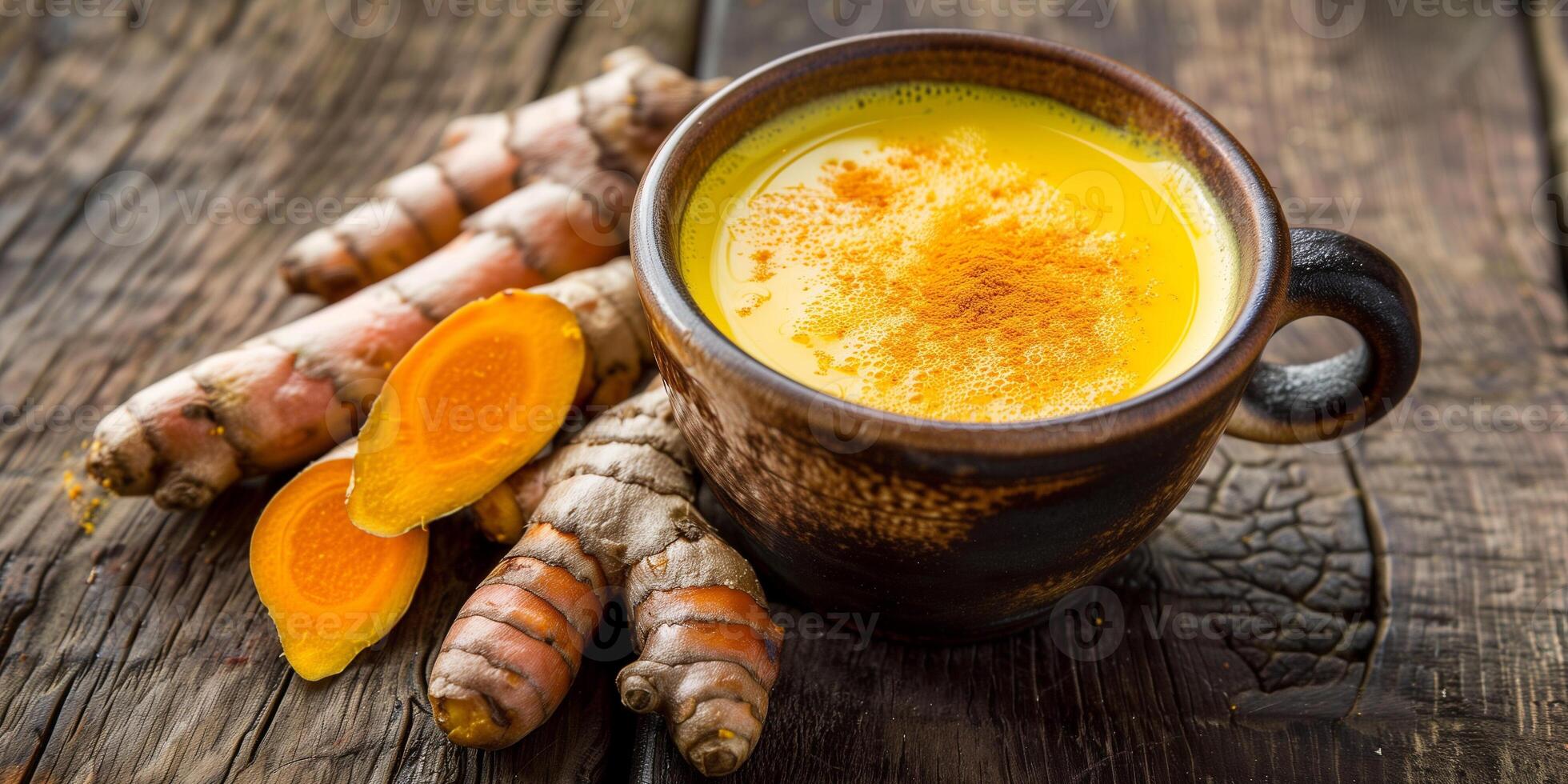 Cup of yellow liquid with frothy top on wooden table next to turmeric roots, meal photography photo