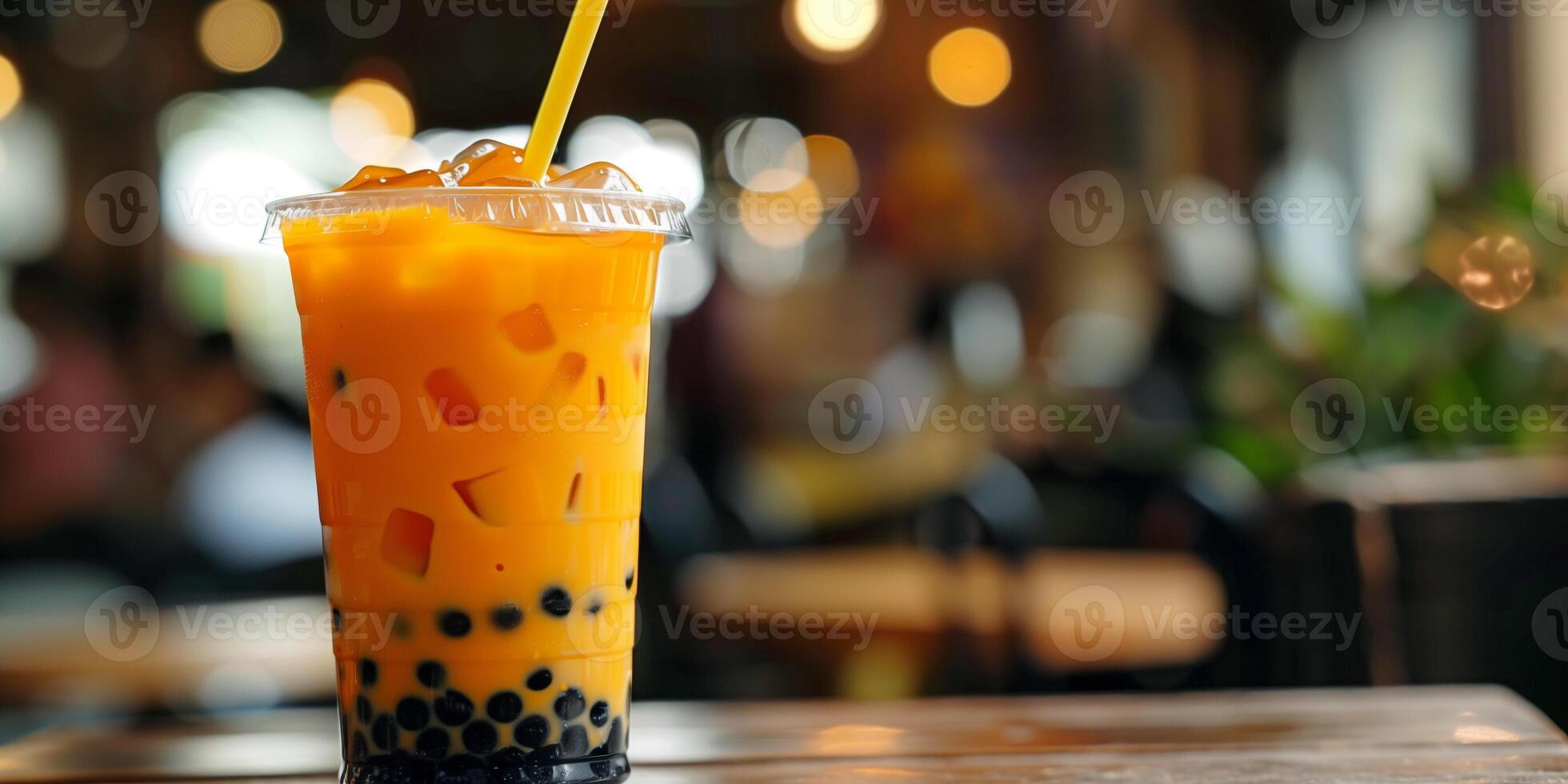 Cup of orange liquid with large black pearls at the base, with a straw inserted, food setting photo