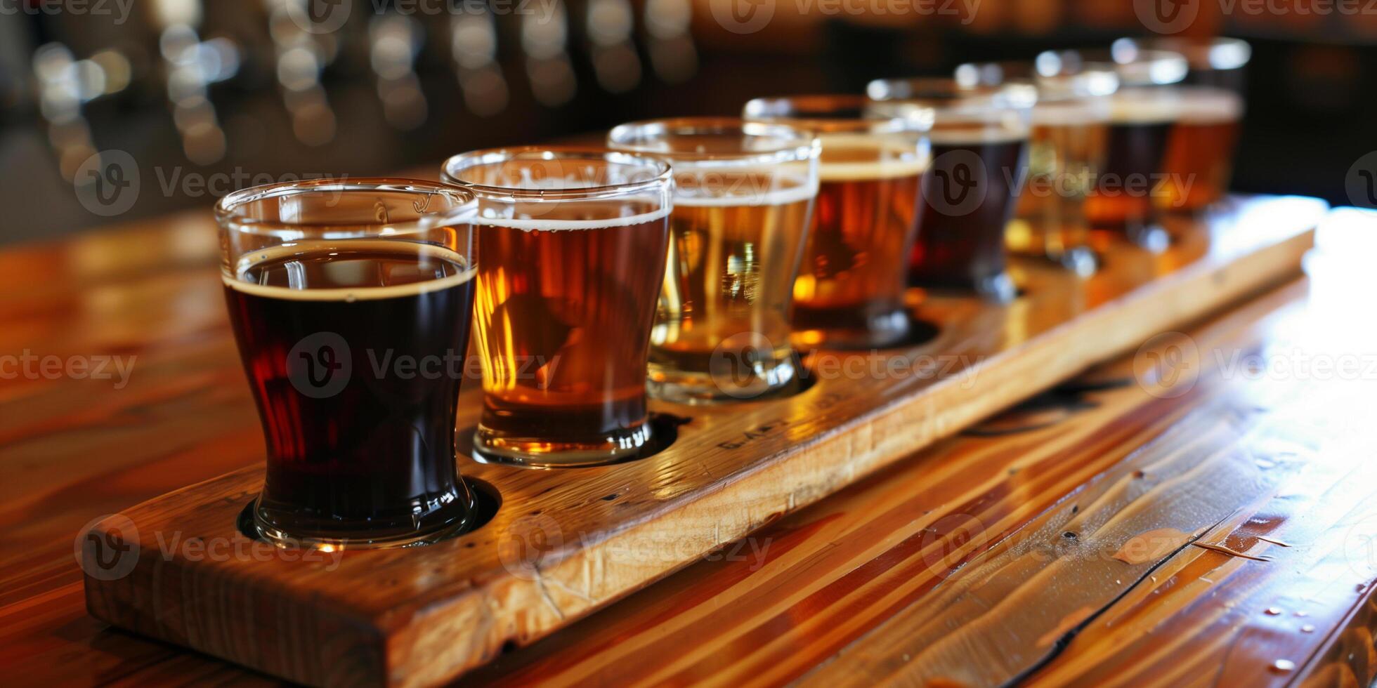 Flight of ale samples in small glasses, lined up on a wooden board, meal photography photo