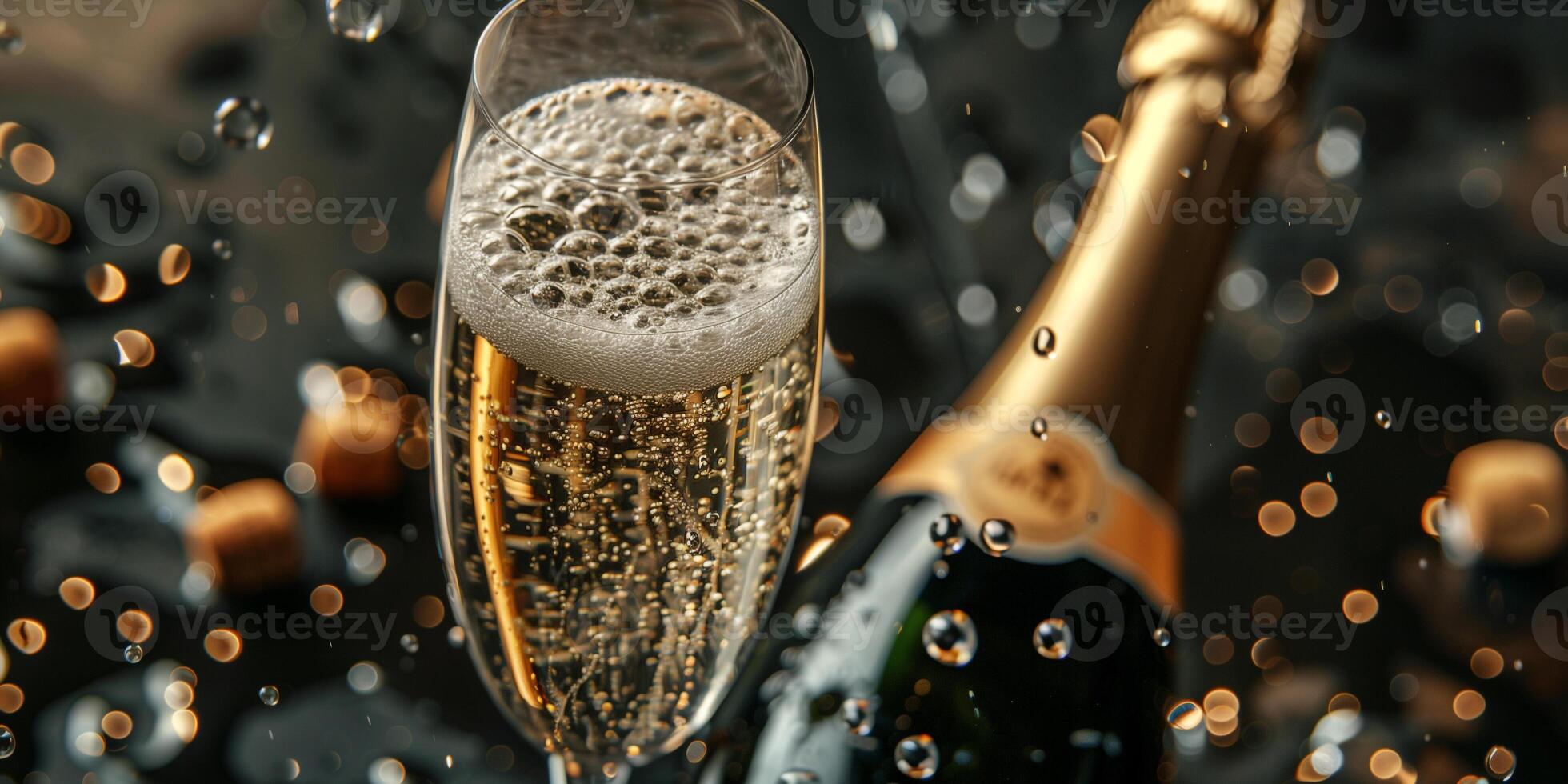 Glass of sparkling wine, with bubbles rising, beside an uncorked bottle, meal photography photo