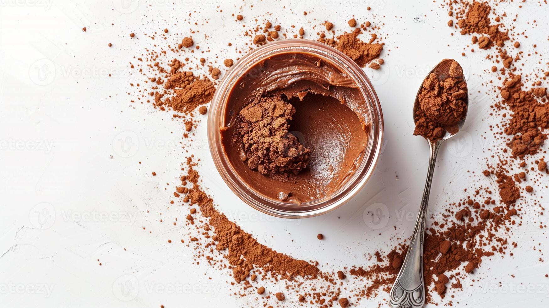 Jar of cocoa spread on white background with metal spoon beside it, food setting photo