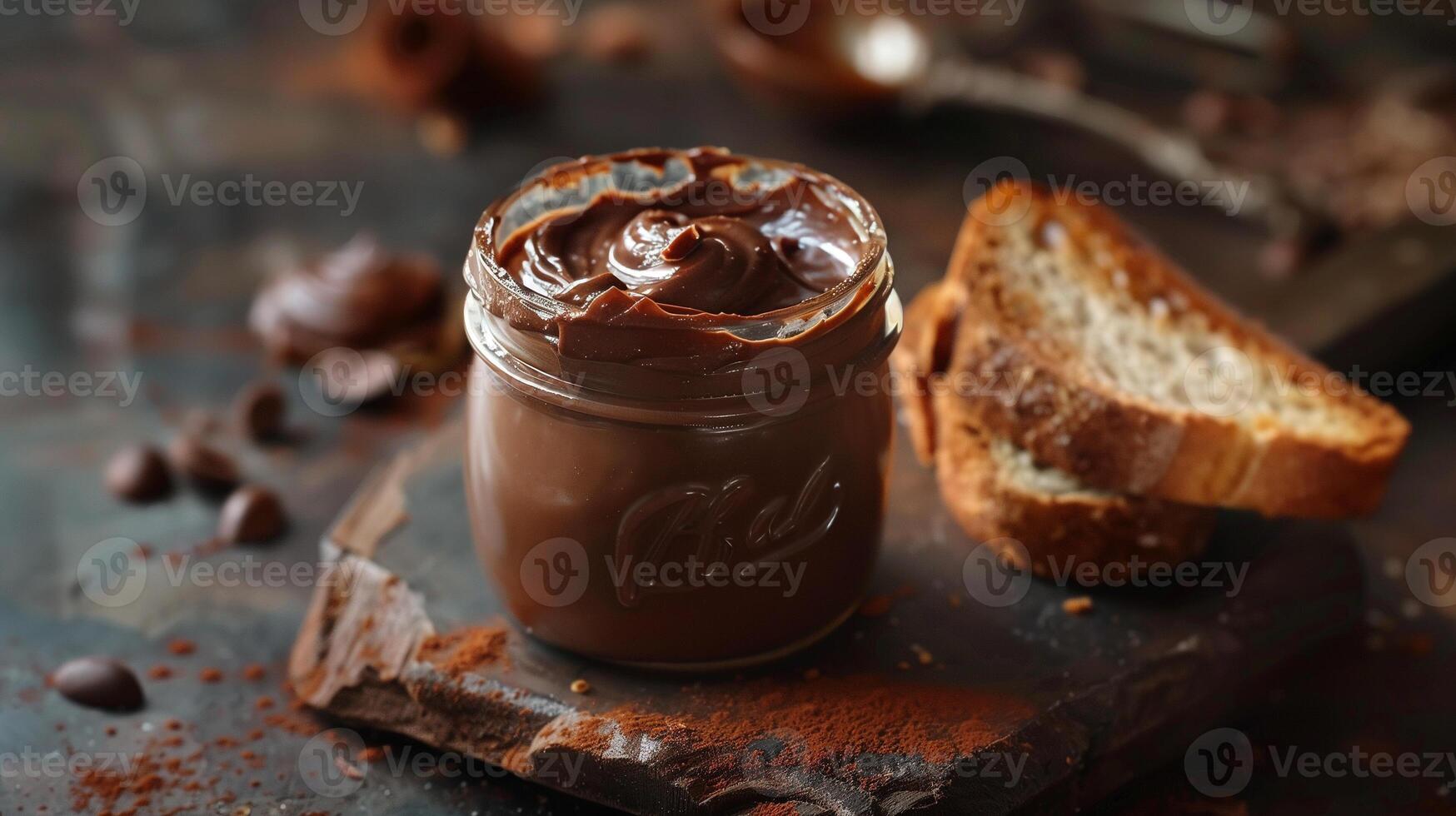 Jar of cocoa spread with lid removed, sitting next to toasted bread, meal photography photo