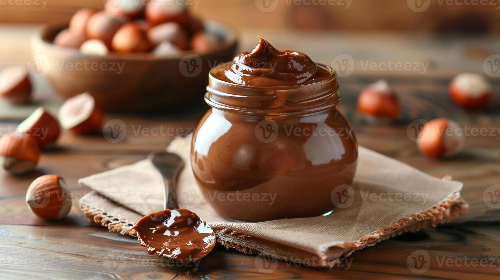 Jar of hazelnut spread on kitchen counter with spoon and napkin beside it, food setting photo