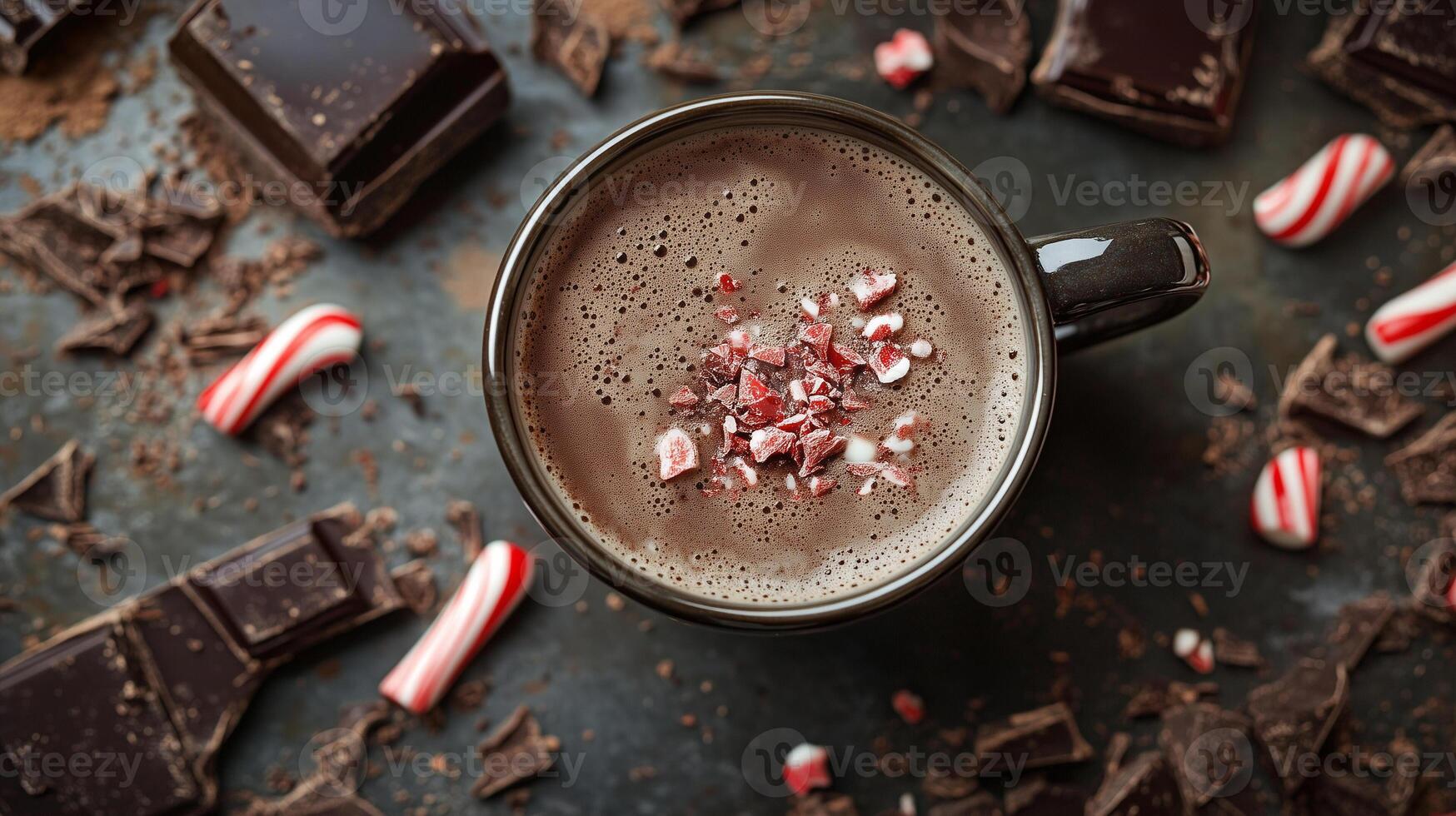 Mug of hot liquid surrounded by crushed peppermint candy and dark chocolate pieces, meal photography photo