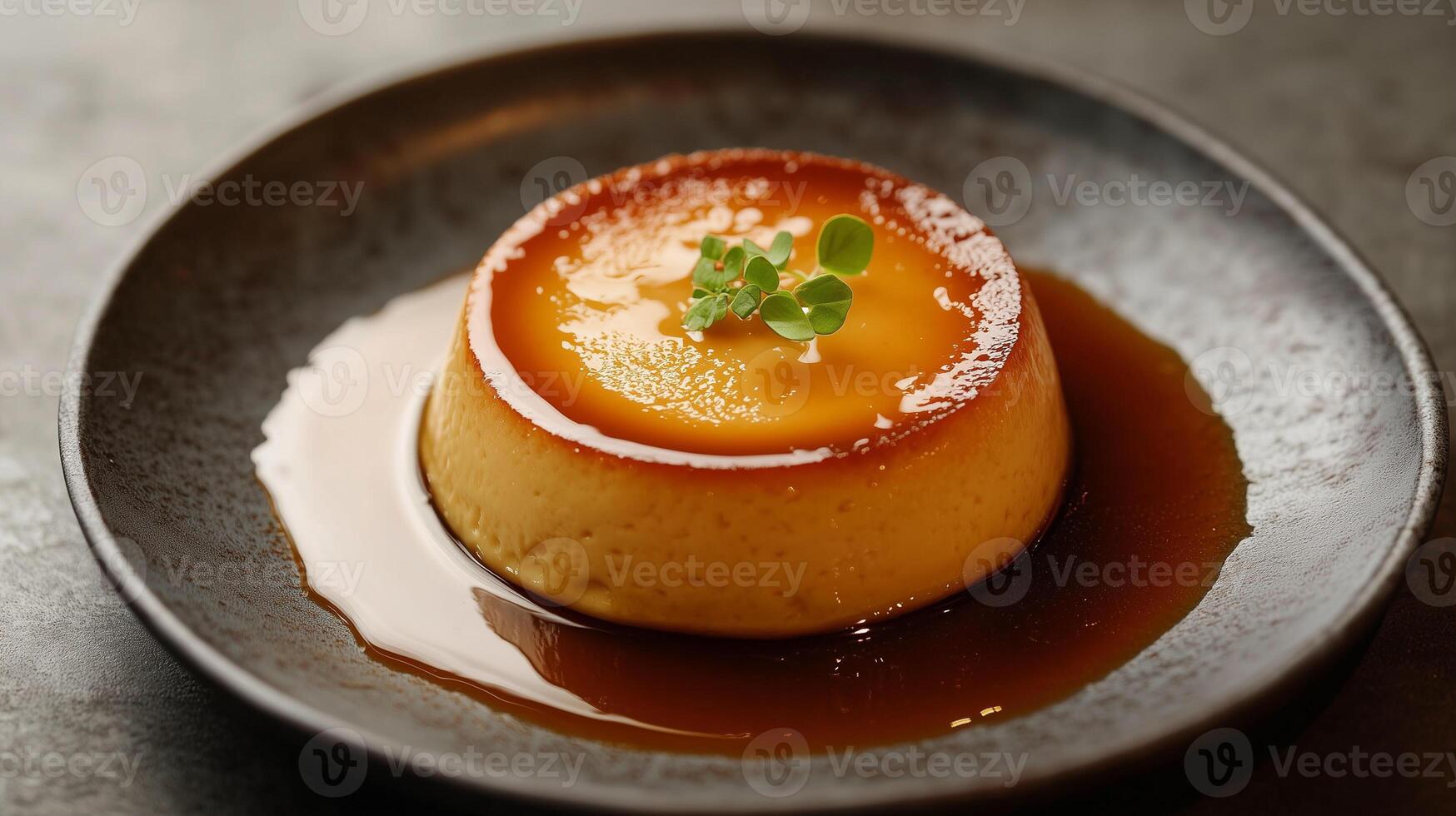 Round flan in caramel sauce on a porcelain plate, food setting photo