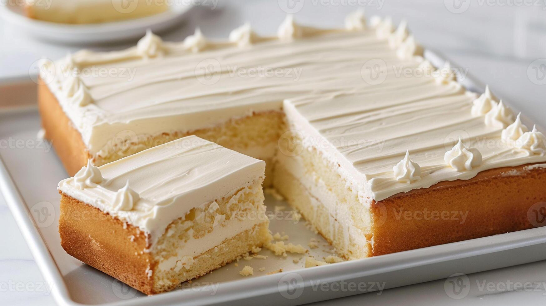 Partially sliced sheet cake, showing even portions, on a simple white tray, food setting photo