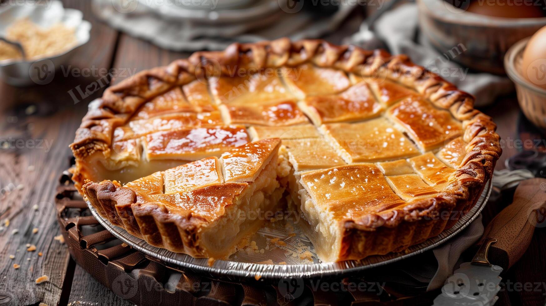 Pie with smooth top layer, fluted crust, and a slice removed, food setting photo