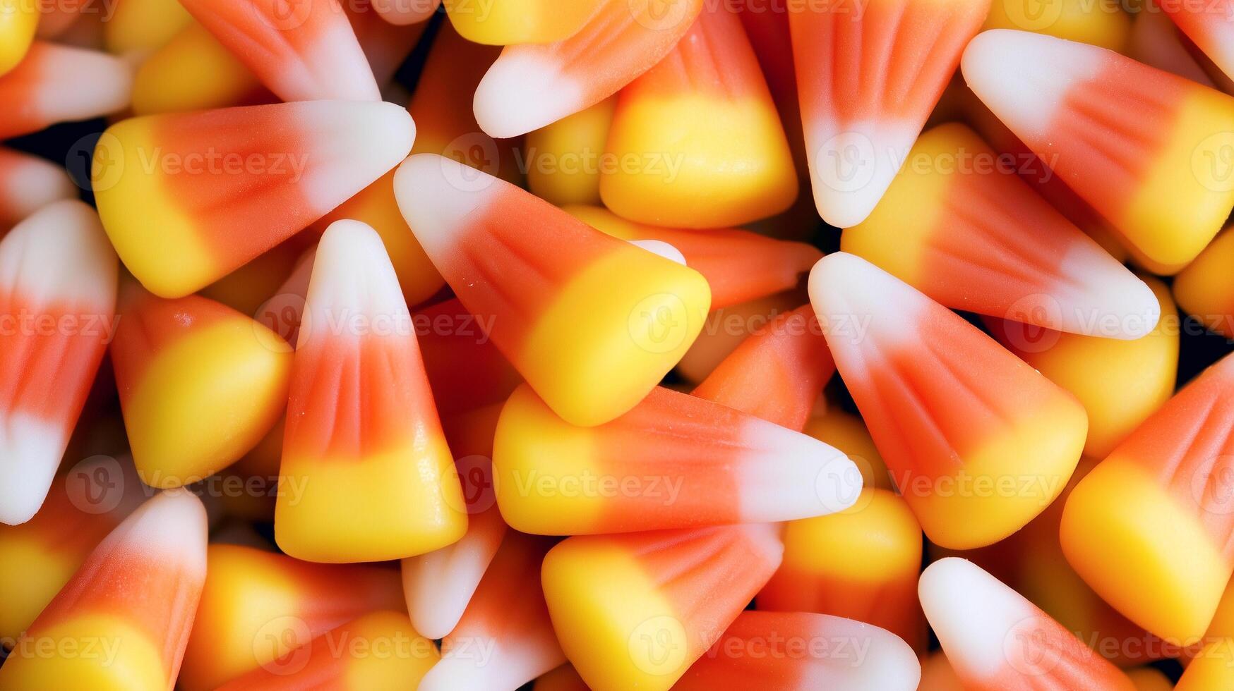 Pile of candy corn pieces, neatly stacked to display the distinctive color gradient of each candy, meal photography photo