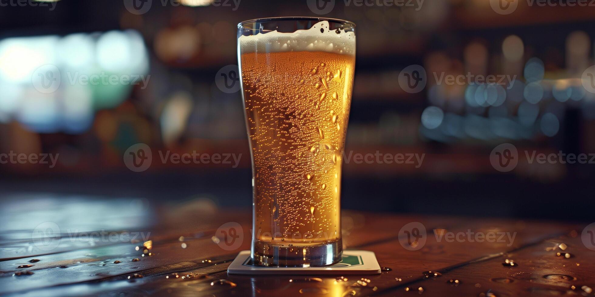 Pint glass filled with lager, bubbles rising to the surface, sitting on a coaster, meal photography photo