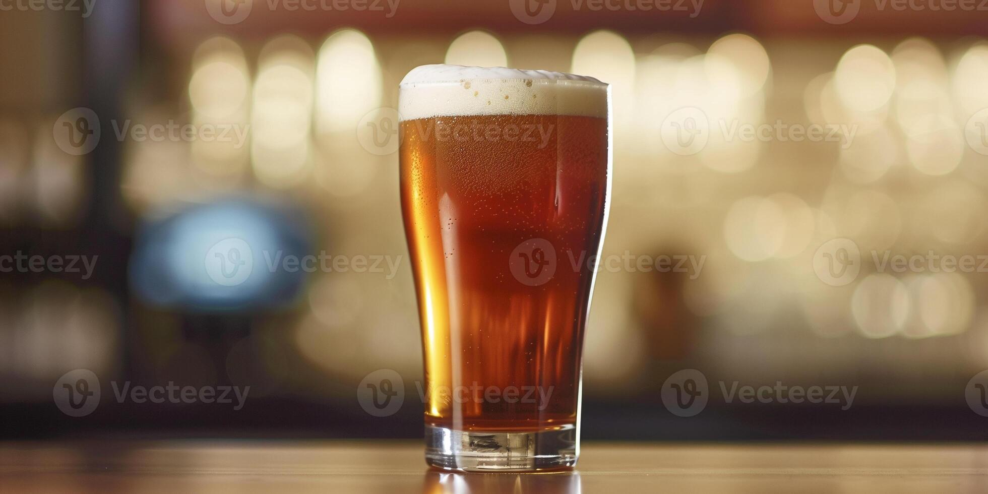 Pint glass filled with amber-colored craft beer, topped with a foamy white head, food setting photo