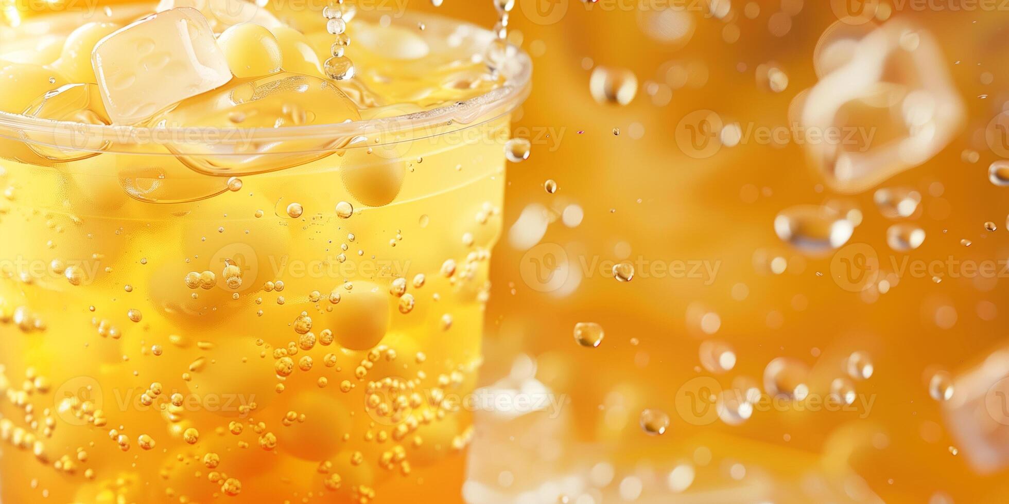 Transparent cup of yellow tea with floating white tapioca pearls and ice cubes, food setting photo