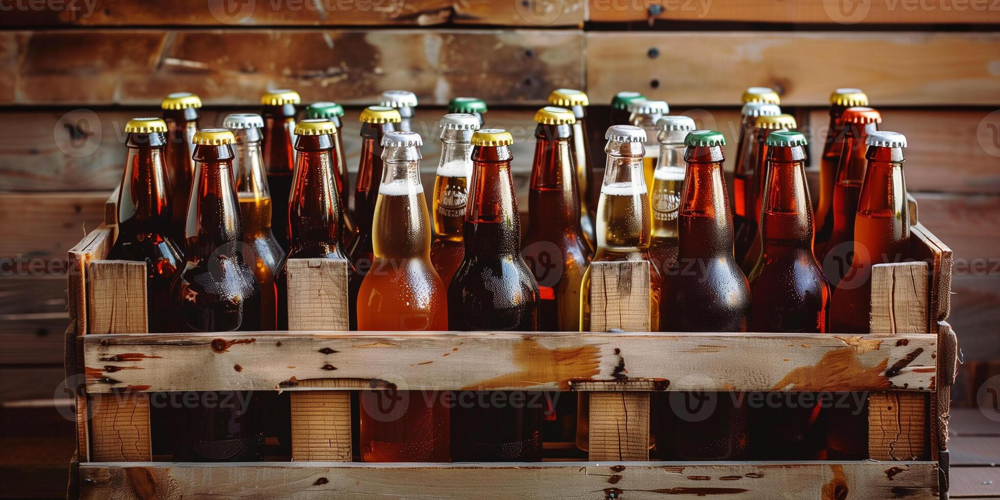 Wooden crate filled with assorted bottles of craft beer, arranged neatly, meal photography photo