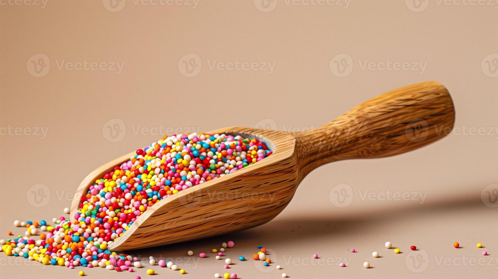 Wooden scoop holding a pile of colorful jimmies against a neutral background, meal photography photo