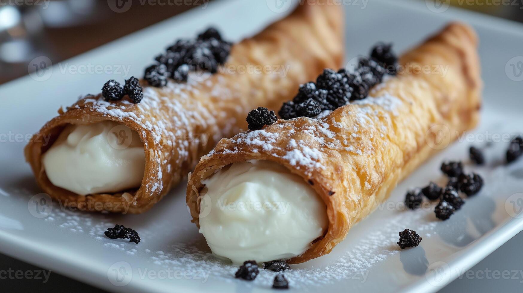 An arrangement of cannoli on a white plate, showcasing the crispy shell and smooth filling, meal photography photo
