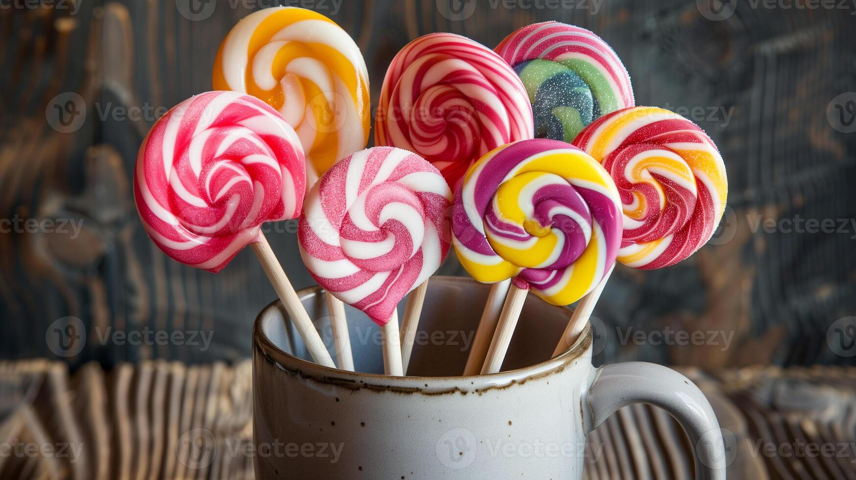 Arrangement of different colored lollipops on sticks in a ceramic mug, food setting photo