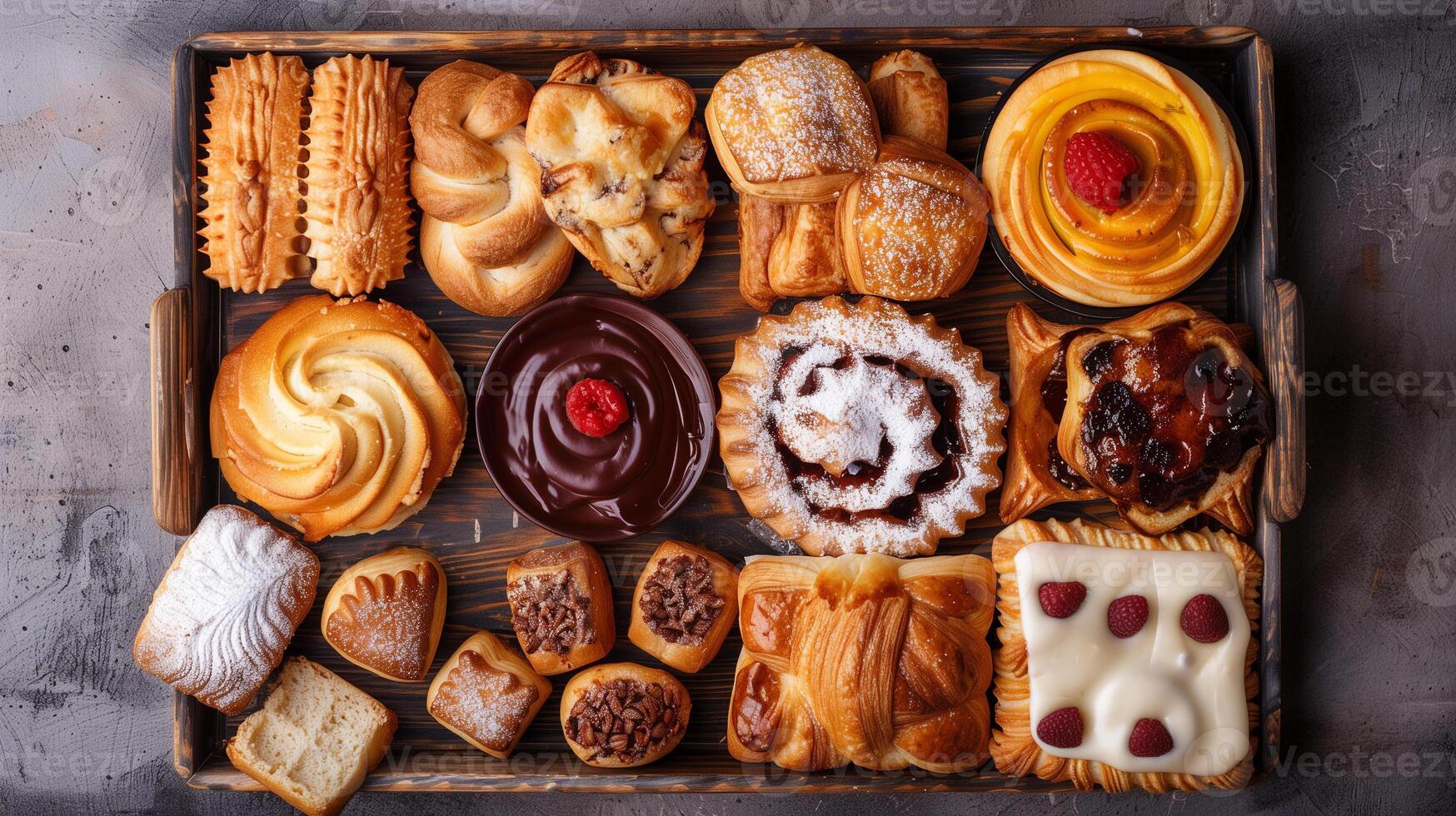An assorted tray displaying various pastries, each with different shapes and fillings, meal photography photo