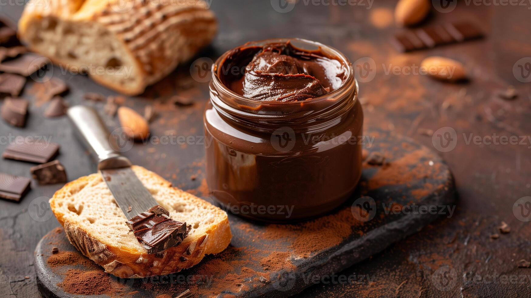 An opened jar of chocolate spread with a metal knife placed next to a piece of bread, meal photography photo