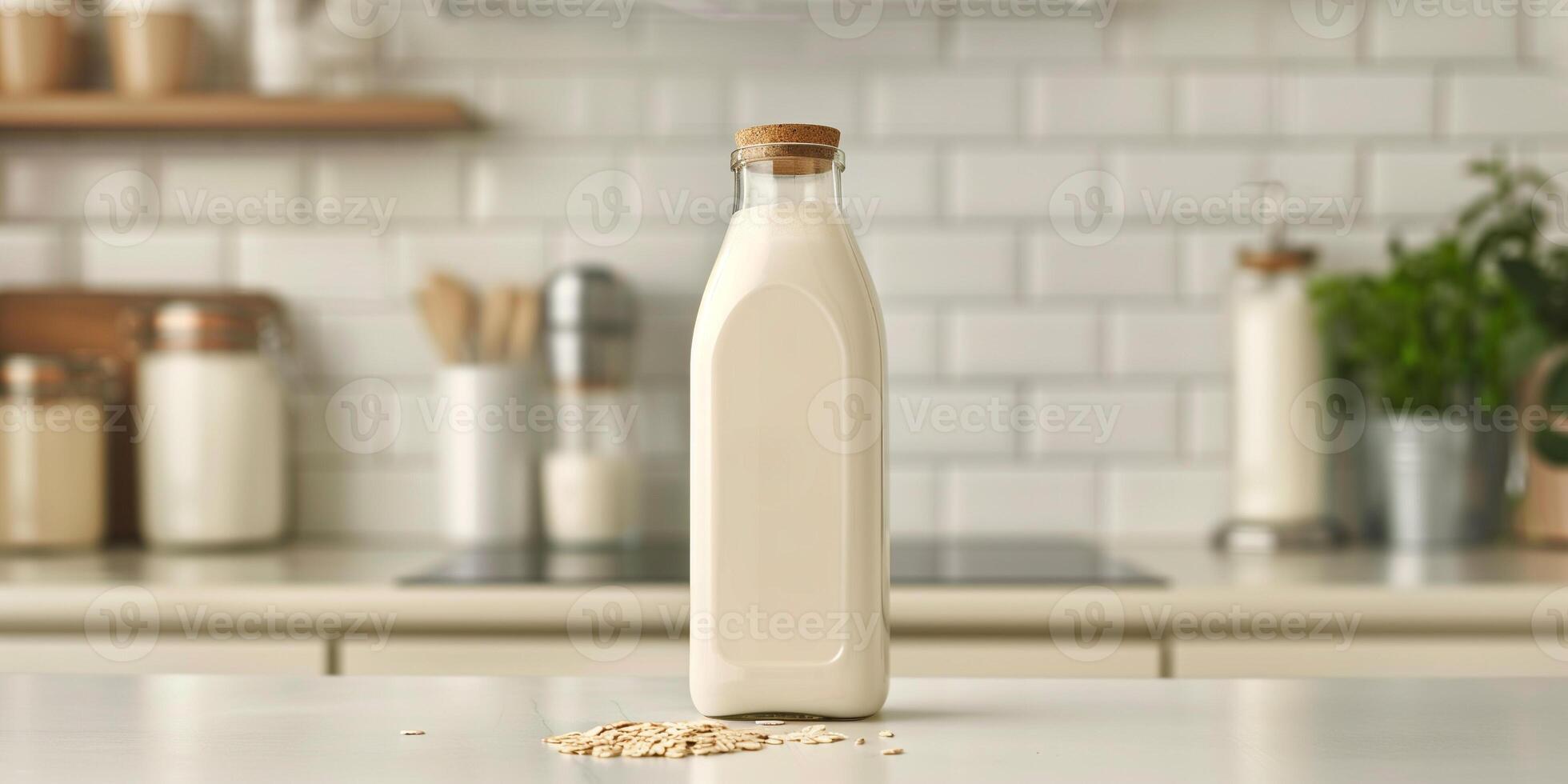 Unopened carton of oat milk on a plain white kitchen counter, meal photography photo