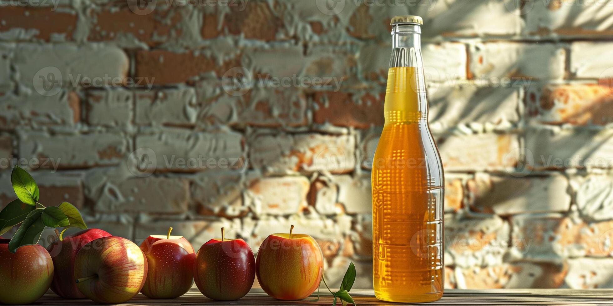 Apple cider in a clear bottle, displayed in front of a brick wall, with a soft shadow cast behind, meal photography photo