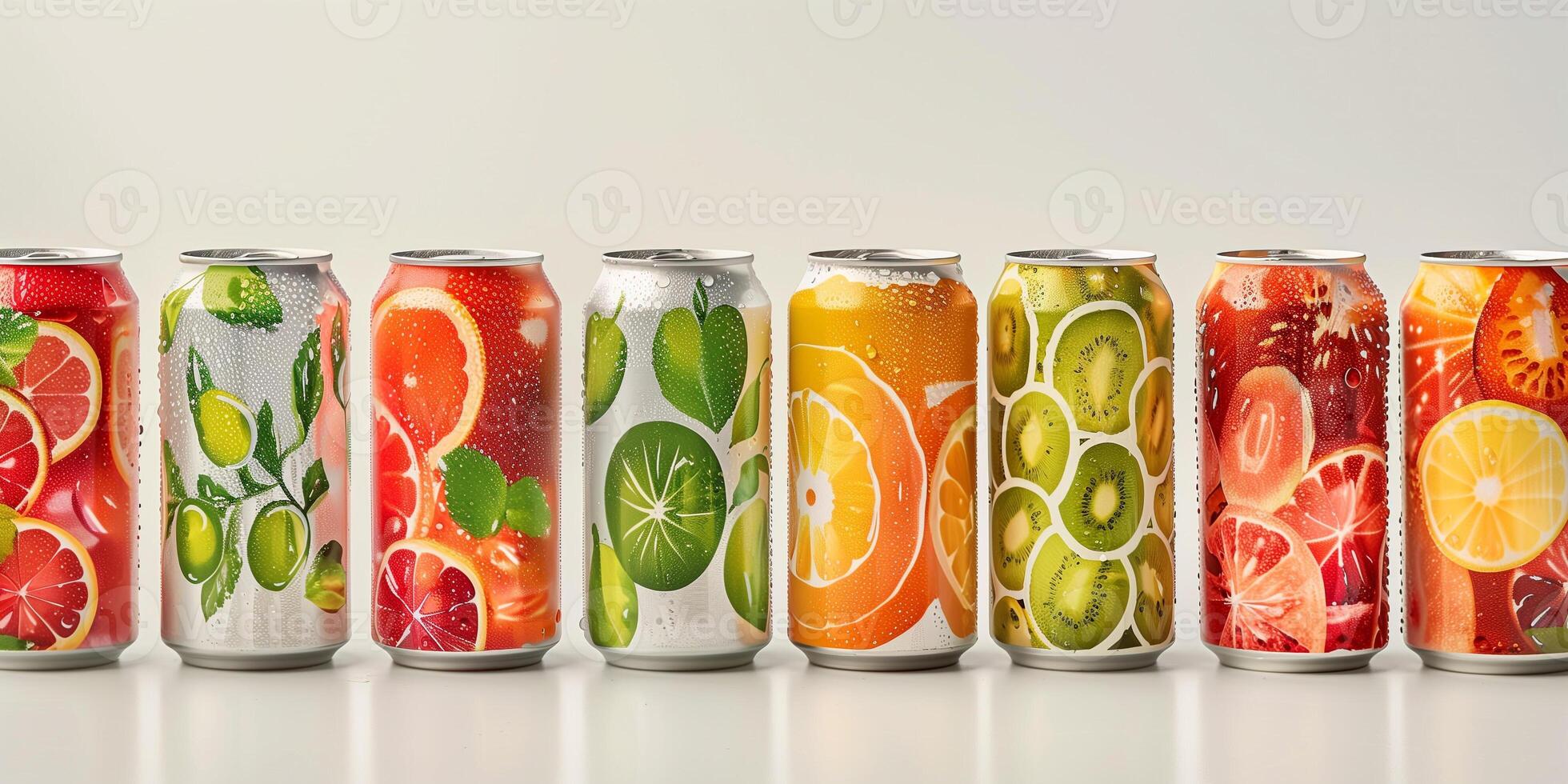 Assorted cans of healthy soda, each featuring different natural flavors and ingredient lists, food setting photo