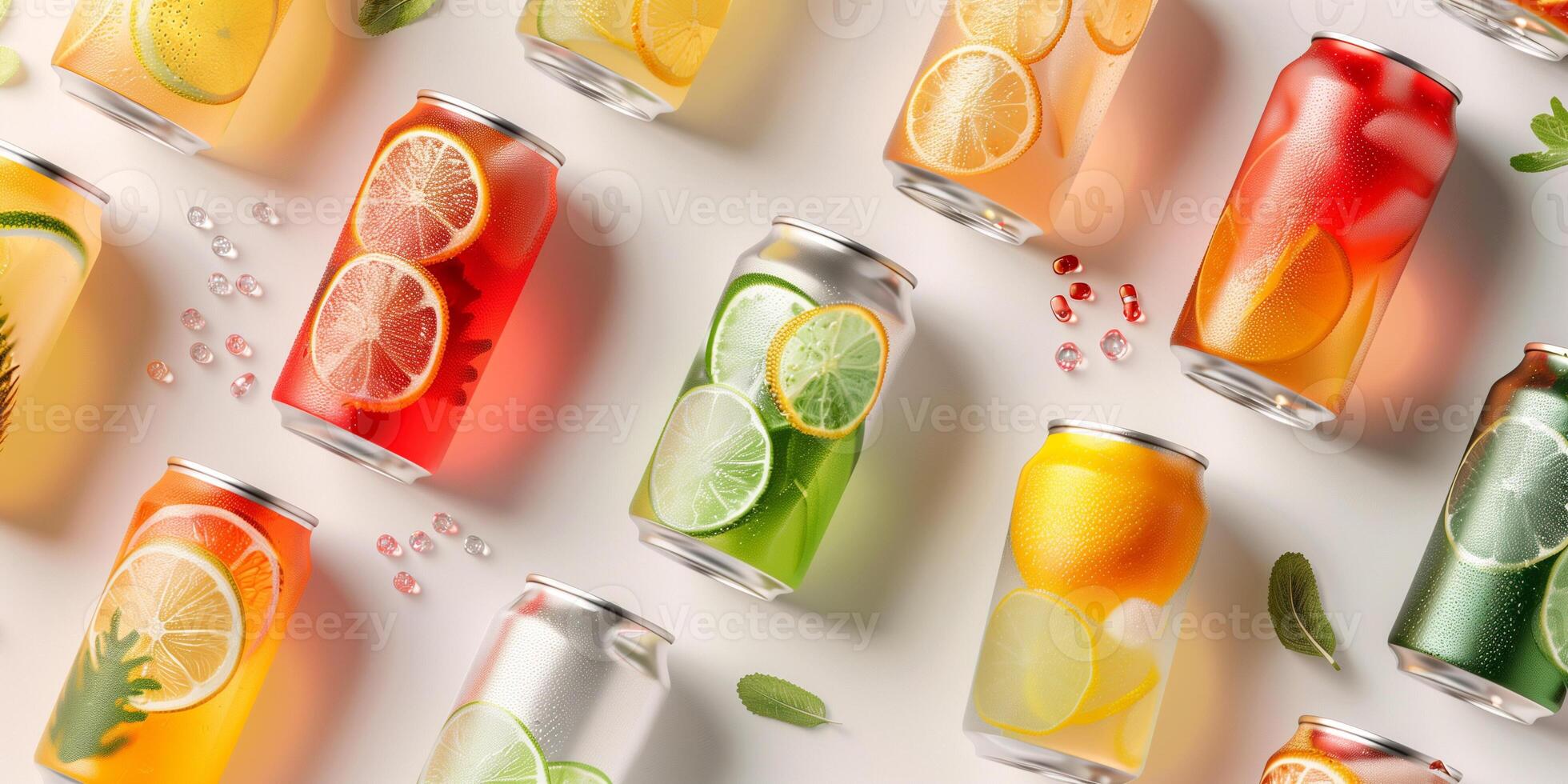 Assorted cans of healthy soda, each featuring different natural flavors and ingredient lists, meal photography photo