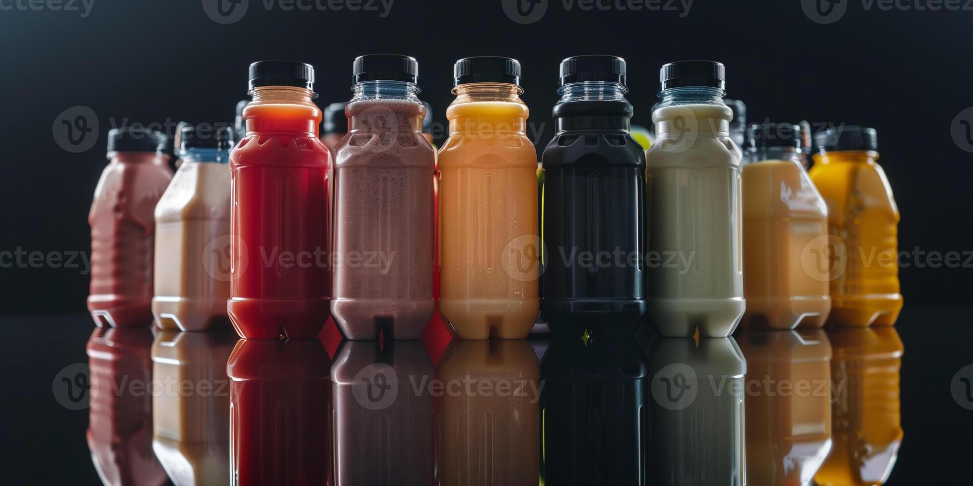 Assortment of protein drink bottles, arranged in a pyramid shape on a reflective surface, meal photography photo
