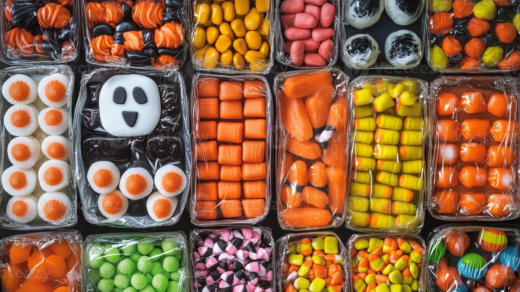 Assorted Halloween candy packs arranged neatly, featuring festive wrappers and various shapes, meal photography photo