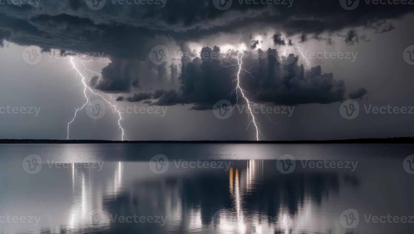 Lightning strikes over a lake with clouds and reflection photo