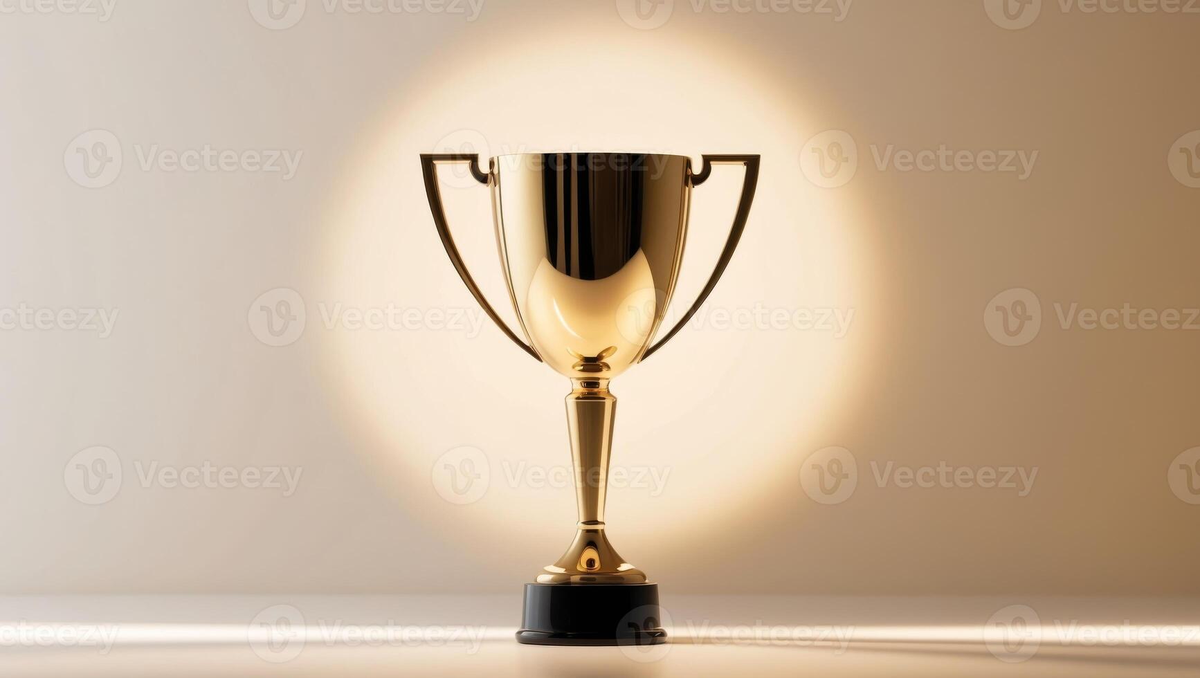 Gold trophy on a table with light shining on it photo