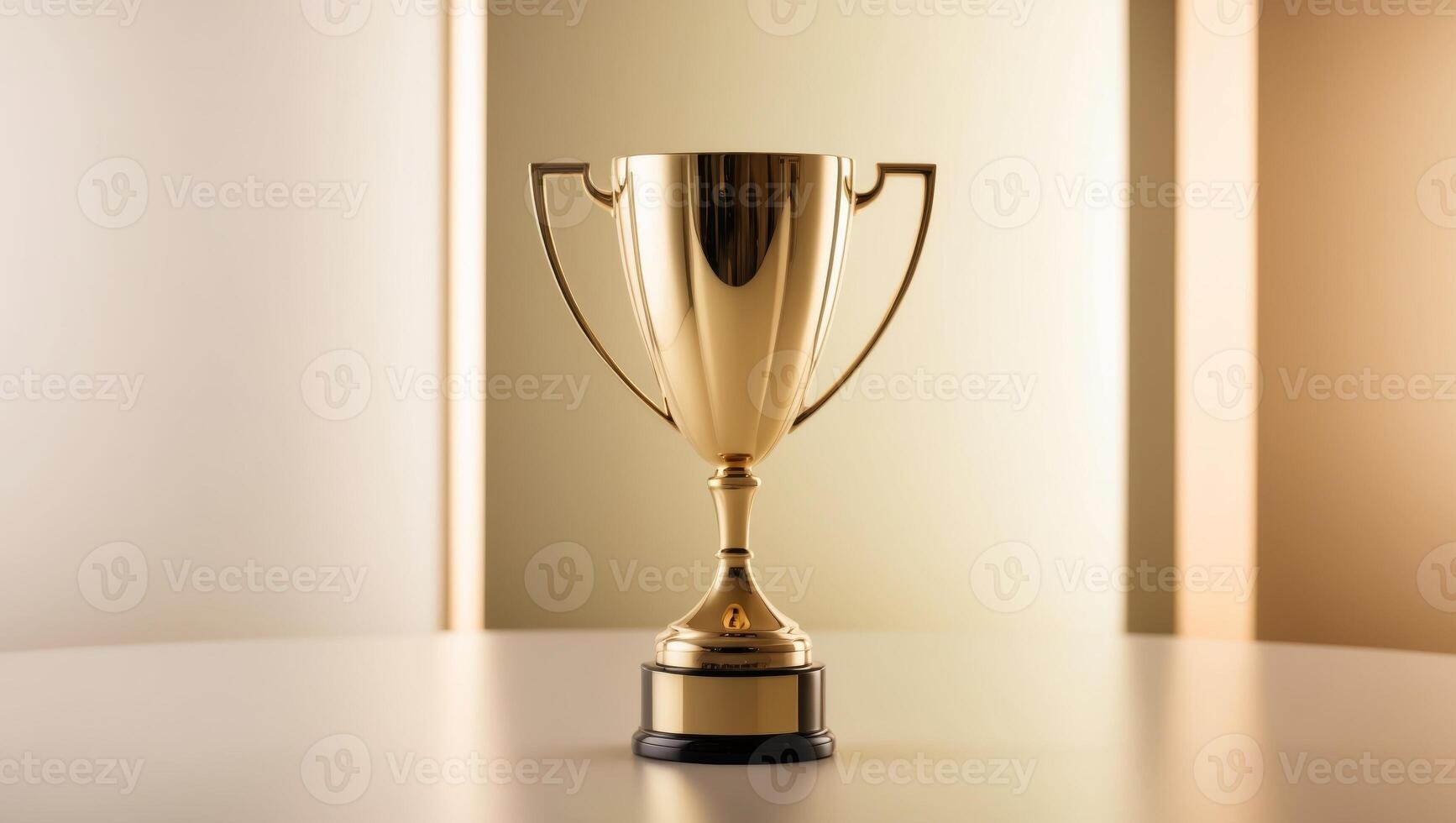 A golden trophy on a table in front of a wall photo