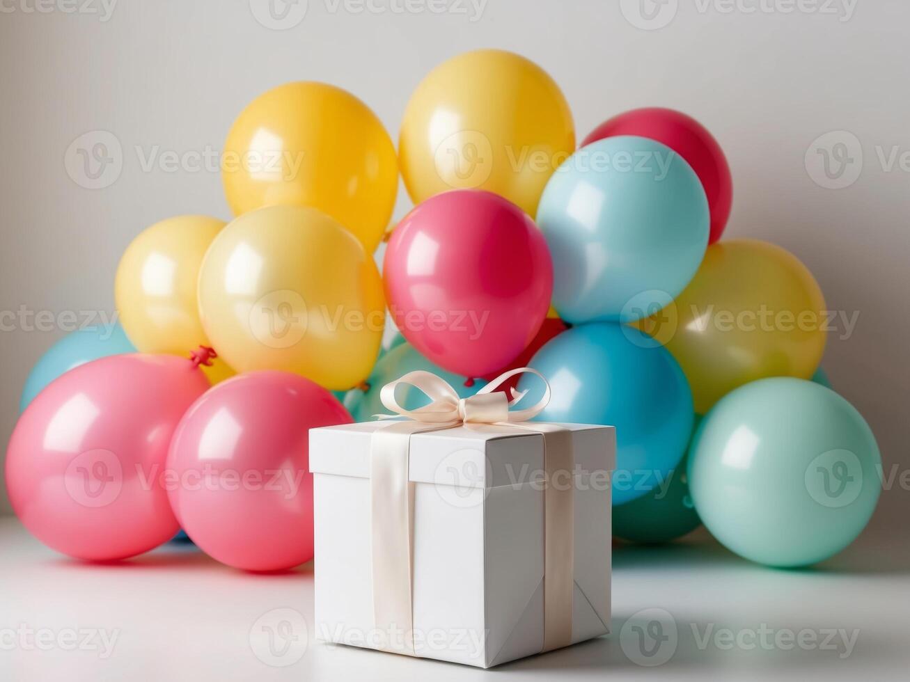 A box with a bow on top is surrounded by colorful balloons. photo