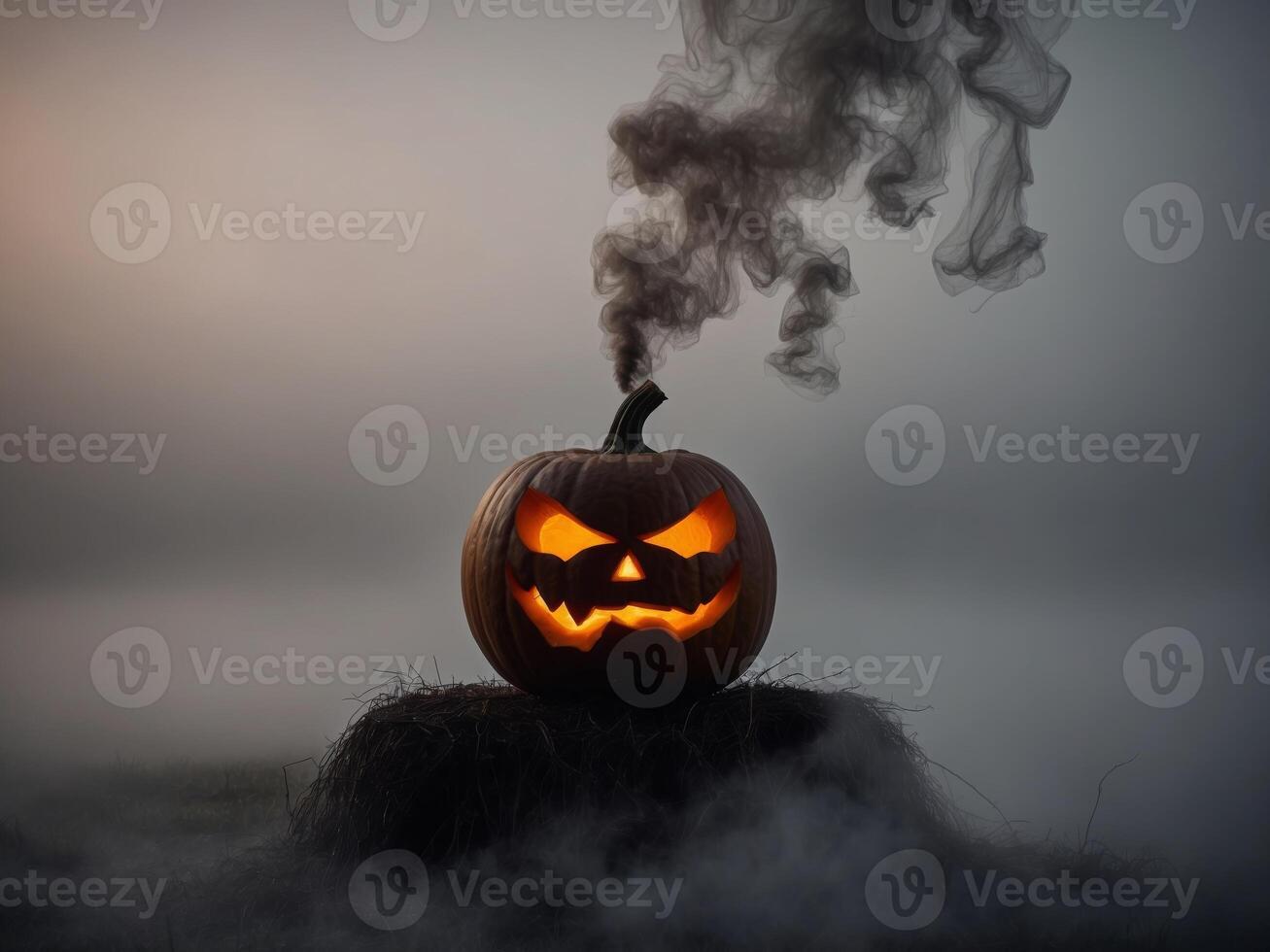 A pumpkin with a scary face is surrounded by smoke. photo