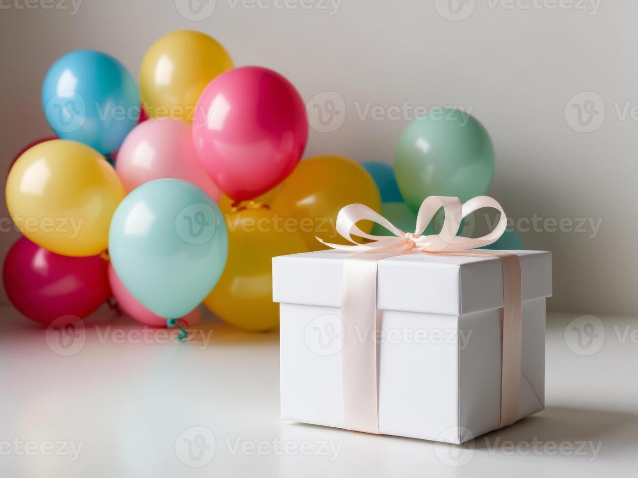 A box with a bow on top is surrounded by colorful balloons. photo