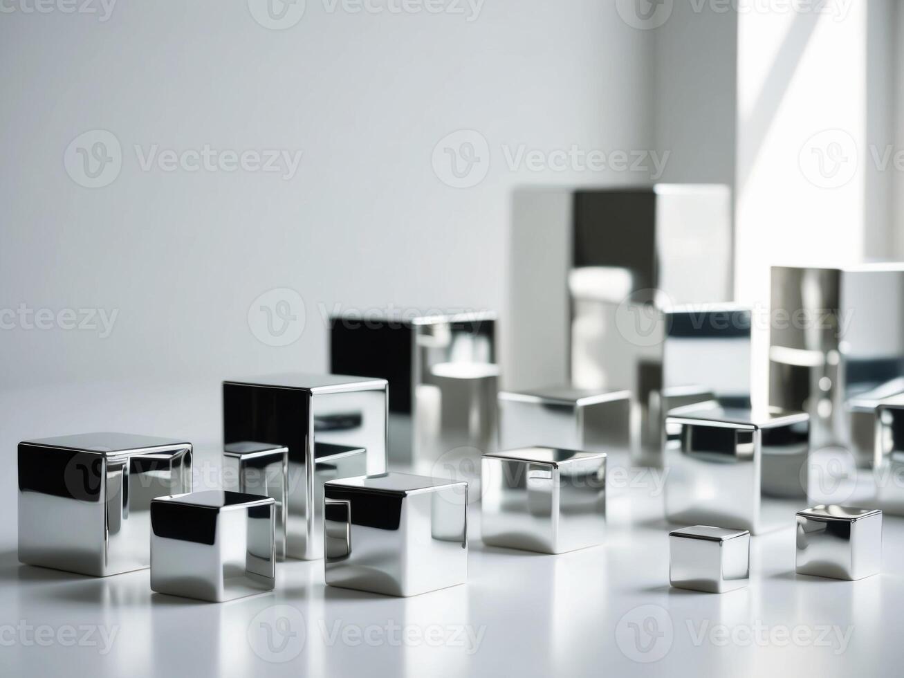 A close up of a bunch of shiny silver cubes in a variety of sizes. photo