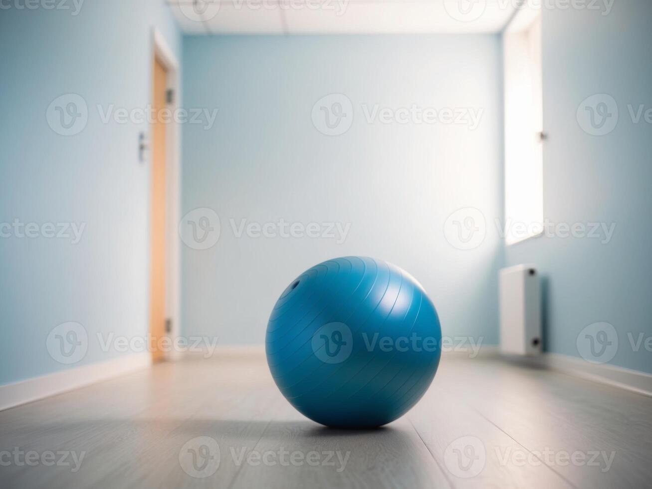 Blue Exercise Ball In A Physical Therapy Room. photo