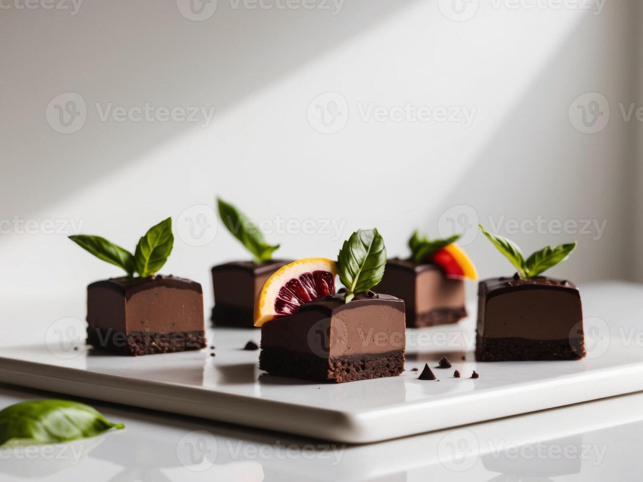 Delicious chocolate dessert squares with citrus and basil garnish. photo